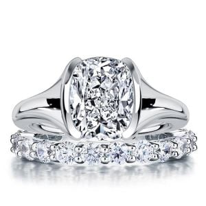 Italo Half-bezel Solitaire Cushion Cut Engagement Ring Sets For Women