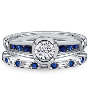 Italo Bezel Setting White & Blue Sapphire Engagement Ring Sets For Women