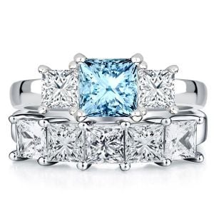 Italo Princess Cut Aquamarine Three Stone Engagement Ring Sets