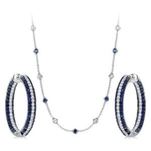 Italo Secure Round Cut White & Blue Sapphire Hoop Earrings & Necklace Jewelry Set