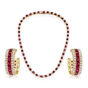 Italo Golden Asscher & Round Cut Ruby Earrings & Necklace Jewelry Set