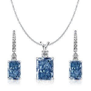 Italo Radiant Cut Blue Topaz Necklace & Drop Earrings Jewelry Set