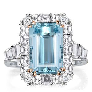 Halo Two Tone Emerald Cut Aquamarine Engagement Ring