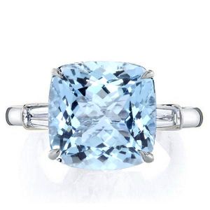 Italo Aquamarine Ring Cushion Cut 3 Stone Engagement Ring