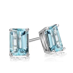 Sterling Silver Aqumarine Earrings Emerald Cut Stud Earrings For Women