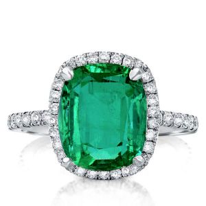 Halo Cushion Cut Emerald Engagement Ring In Sterling Silver