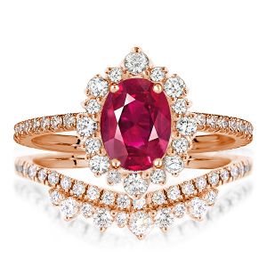 Rose Gold Halo Oval Cut Ruby Bridal Set In Sterling Silver