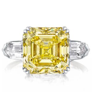 Three Stone Asscher Cut Yellow Sapphire Engagement Ring