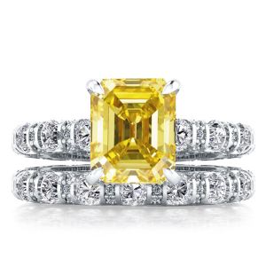 Emerald Cut Eternity Yellow & White Sapphire Bridal Set