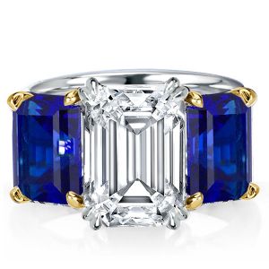 Two Tone Three Stone Emerald Cut Blue Topaz Engagement Ring