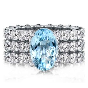 Aquamarine Oval Cut Eternity Shank Engagement Ring Set