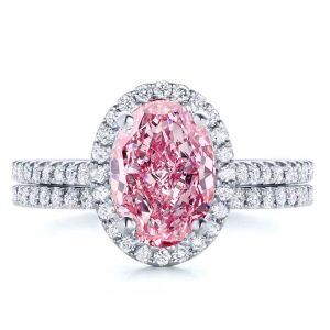 Halo Oval Cut Pink Sapphire Engagement Ring Set
