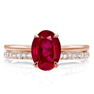 Rose Gold Oval Cut Ruby Solitaire Engagement Rings Set