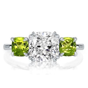 Italo Three Stone Cushion Cut Peridot Engagement Ring