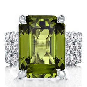 Emerald Cut Peridot Engagement Ring Set 3PC Wedding Set