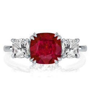 Three Stone Ruby Cushion Cut Engagement Ring