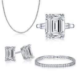 Classic Three Stone Emerald Cut Jewelry Set 