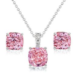 Italo Pink Sapphire Cushion Cut Necklace & Stud Earrings Set