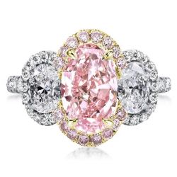 Two Tone Three Stone Halo Oval Pink Engagement Ring