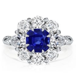 Flower Design Cushion Cut Blue Sapphire Engagement Ring