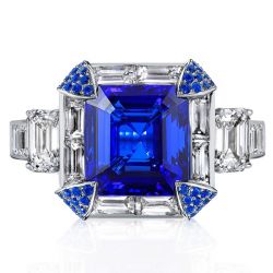 Halo Emerald Cut Blue Sapphire Engagement Ring