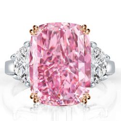 Three Stone Cushion Created Pink Sapphire Engagement Ring