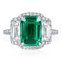 Three Stone Halo Sterling Silver Emerald Engagement Ring