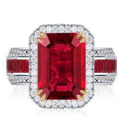 Two Tone Halo Emerald Cut Ruby Engagement Ring For Women