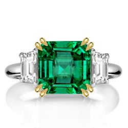 Double Prong Three Stone Asscher Cut Emerald Engagement Ring