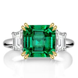 Double Prong Three Stone Asscher Cut Emerald Engagement Ring