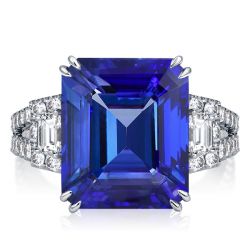 Emerald Cut Blue Sapphire Three Stone Engagement Ring For Women