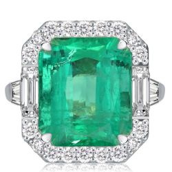 Halo Three Stone Emerald Cut Emerald Green Engagement Ring