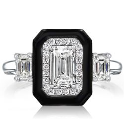 Italo Black Ring Halo Three Stone Emerald Cut Engagement Ring