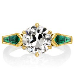Golden Round Cut White & Emerald Sapphire Engagement Ring