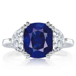 Italo Three Stone Cushion Cut Blue Sapphire Engagement Ring