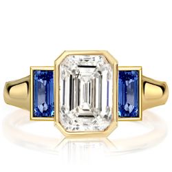 Golden Blue Sapphire 3 Stone Emerald Cut Engagement Ring