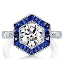 Italo Halo Round Cut White & Blue Sapphire Engagement Ring