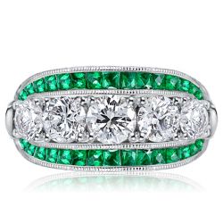 Italo Triple Row Round Cut White & Emerald Engagement Ring