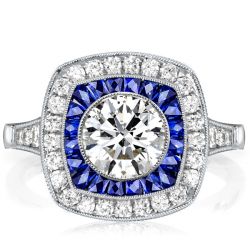 Italo Halo Round Cut White & Blue Sapphire Engagement Ring