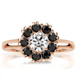 Rose Gold Round Cut White & Black Sapphire Engagement Ring
