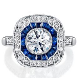 Art Deco Milgrain Halo Engagement Ring Blue Sapphire Engagement Ring