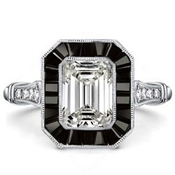 Emerald Cut Black Engagement Ring Halo Vintage Engagement Ring