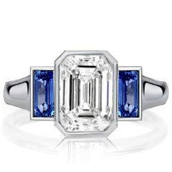 Blue Sapphire 3 Stone Emerald Cut Engagement Ring
