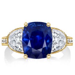 Milgrain Three Stone Cushion Cut Blue Sapphire Engagement Ring