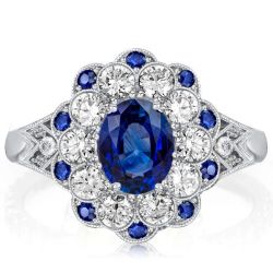 Art Deco Milgrain Oval Cut Blue Sapphire Engagement Ring