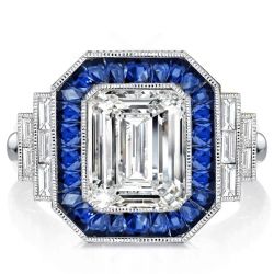Milgrain Halo Blue Sapphire Emerald Cut Engagement Ring