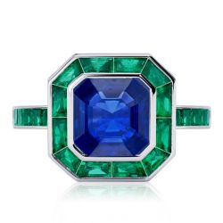 Halo Bezel Setting Blue Sapphire Asscher Cut Engagement Ring