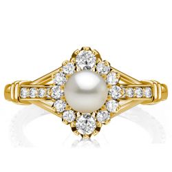 Italo Antique Golden Round Pearl Engagement Ring For Women