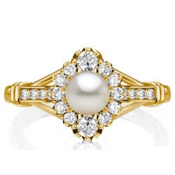 Italo Antique Golden Round Pearl Engagement Ring For Women