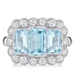 Halo Three Stone Emerald Aquamarine Engagement Ring For Women